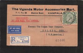 R-Brief Kampala-Uganda - USA , 1933 , Britische Kolonie