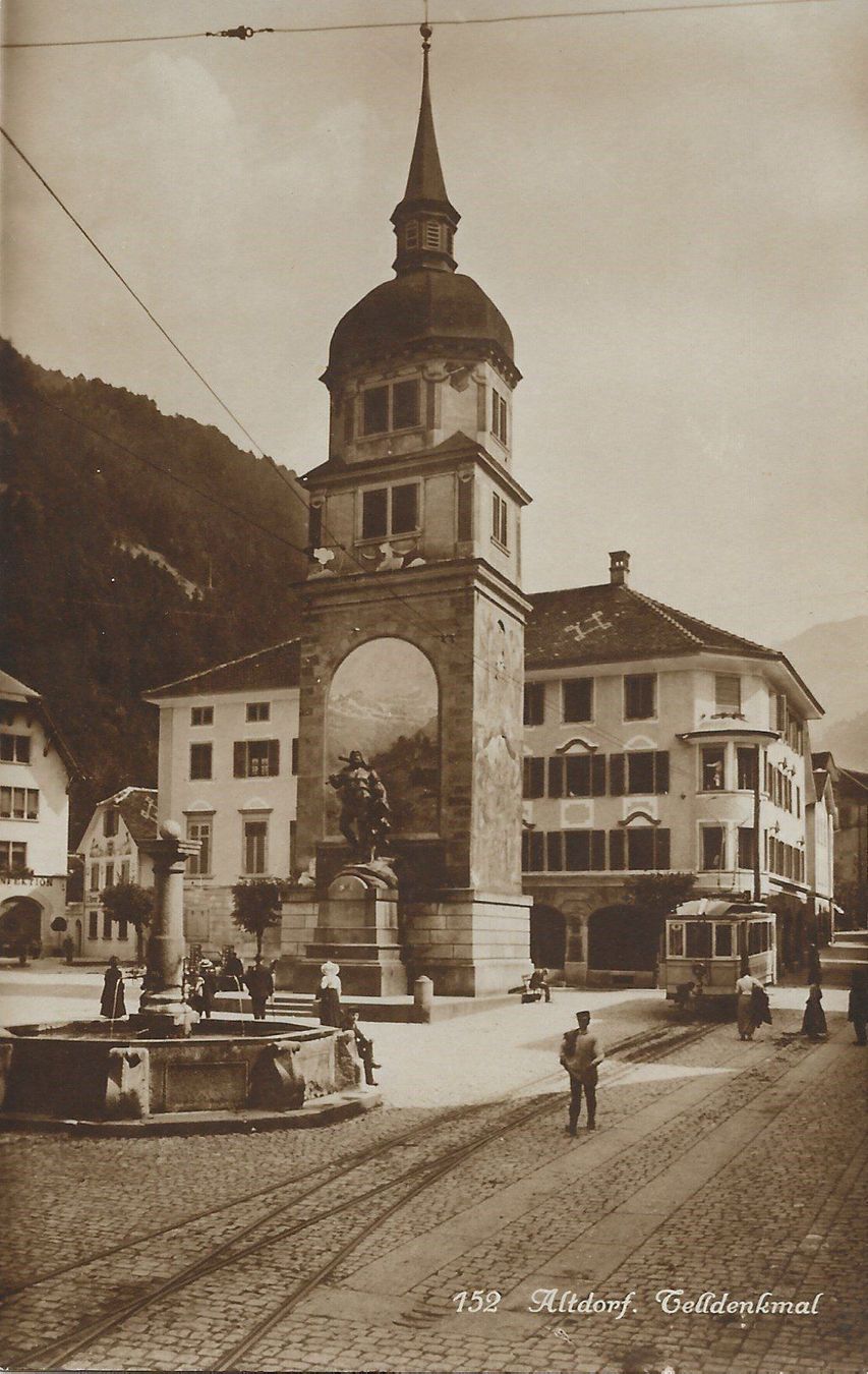 Cartoline postali: Altdorf, Telldenkmal, Tram, animiert – Usato da Frauenfeld venduto da Merk52