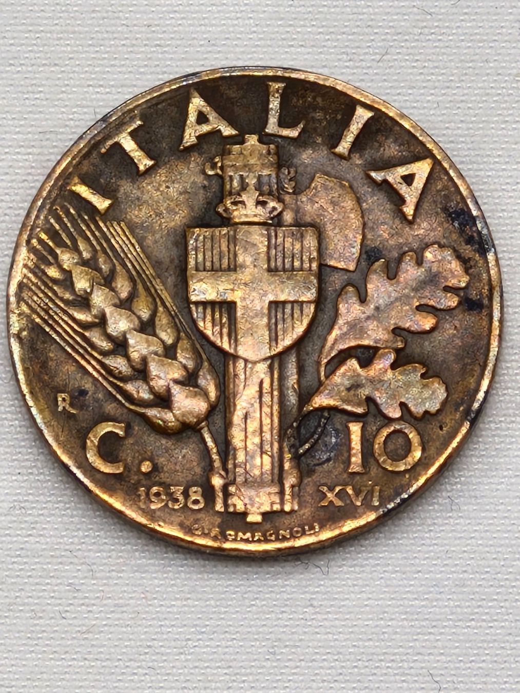 Alle Münzen: ROYAUME D'ITALIE / 10 CENTESIMI /1938 – Gebraucht aus Bulle von italicum