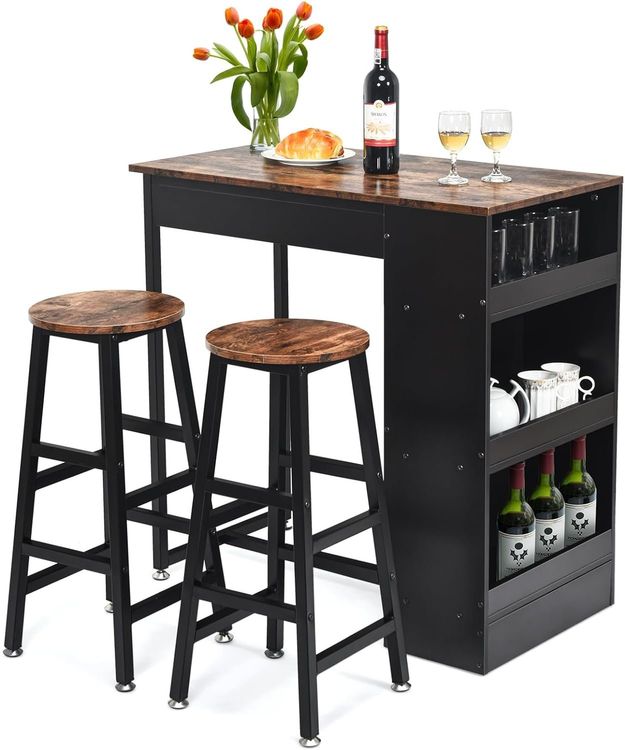 Litake Bartisch Set Mit 2 Barhockern - Industrie Design Mit Seitenregalen