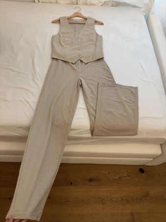 2-Teiler Set Weste (XS) + Hose (S) Beige (Leinen-Optik)