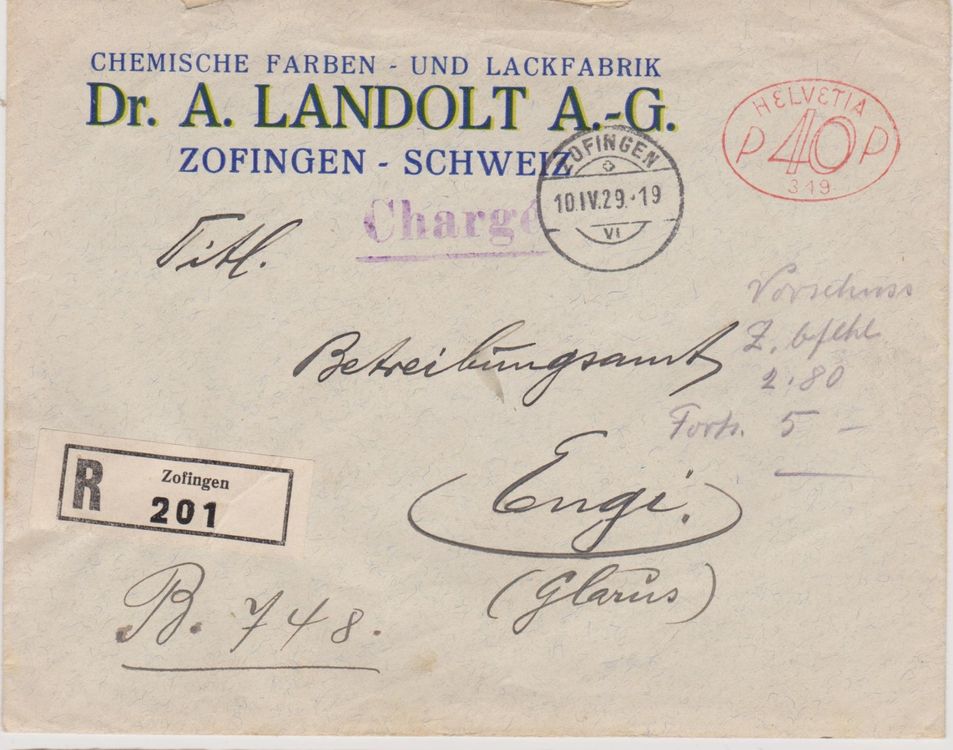 RBrief mit Firmenfreistempel 40 Rp Dr. Landolt Zofingen Kaufen auf