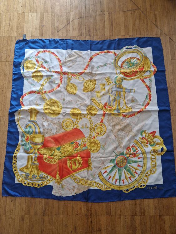 Foulard soie Céline roulotté main thème équestre - Jeronine Vintage
