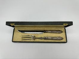 Vintage Carving Knife and Fork Set with Box Silver Tone