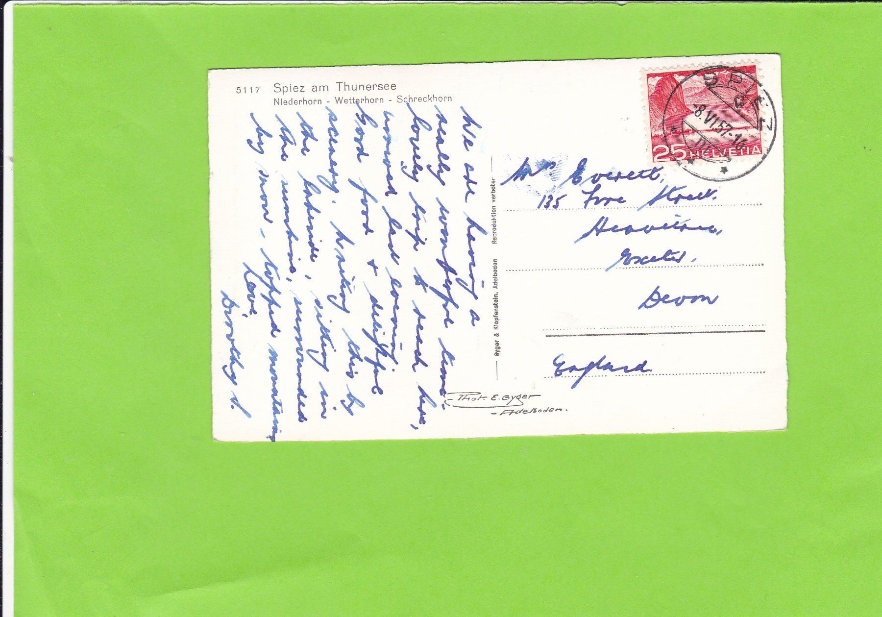 Cartoline postali: 5117 Spiez am Thunersee – Usato da St. Peterzell venduto da neckertal 1