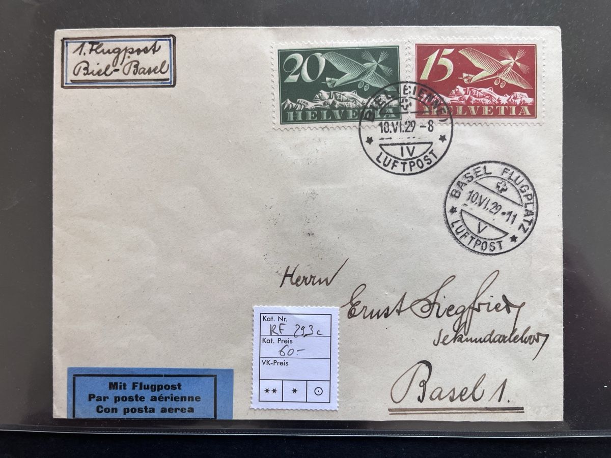 Tutti i francobolli: 1929 Flugpost Biel - Basel Rf. 29.3c Cat. 60.-  – Usato da Sottens venduto da thigroux