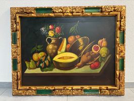 98x77/ R. Navas/ Ölgemälde Stillleben Früchte Blumen Vogel