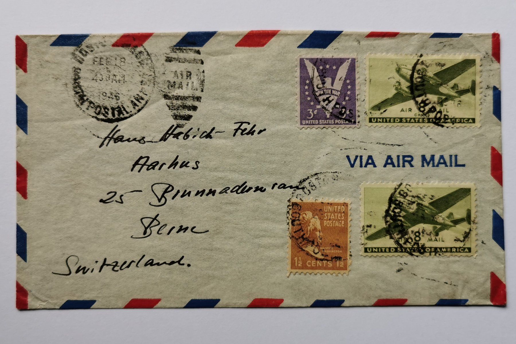 Alle Briefmarken: Luftpost-Brief USA 1946 – Gebraucht aus Aadorf von Chnorli-Furz