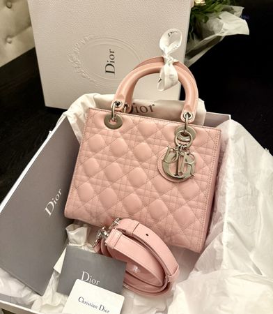 Authentic Lady Dior Bag, Silver/HW,  Pale Pink.