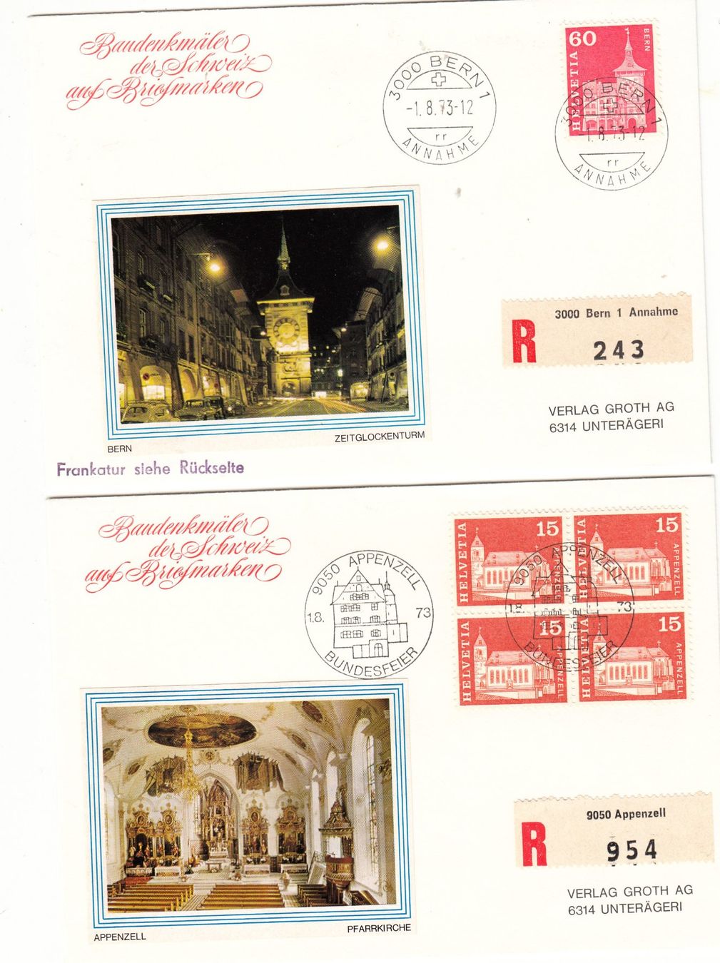 Alle Briefmarken: Eingeschriebene Briefe Baudenkmäler 1973 – Gebraucht aus Herrliberg von Lfrifda