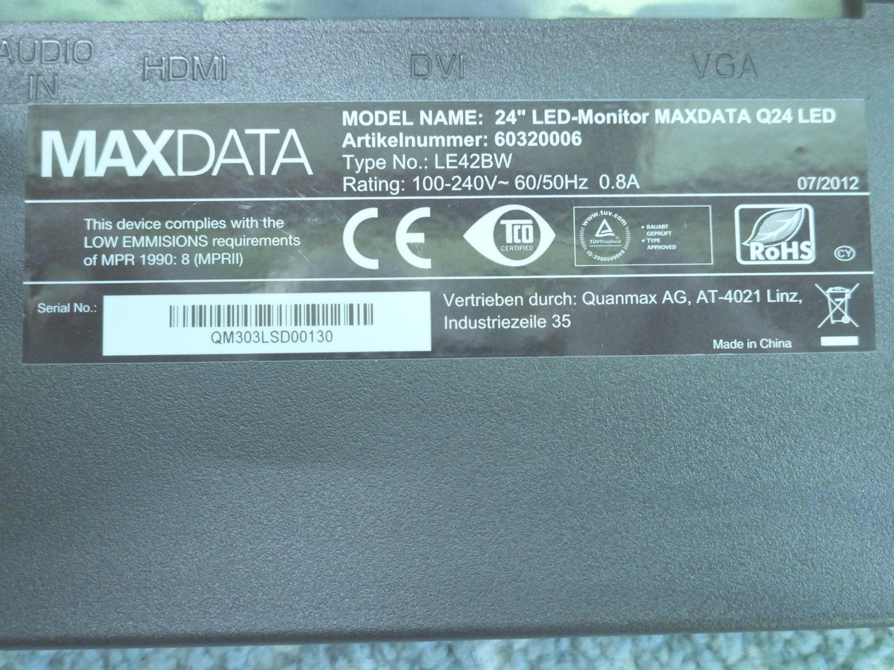 Monitor: MAXDATA 24" LED Q24 60320006 LE42BW – Usato da Münchenstein venduto da VSPBL-Verkauf 6