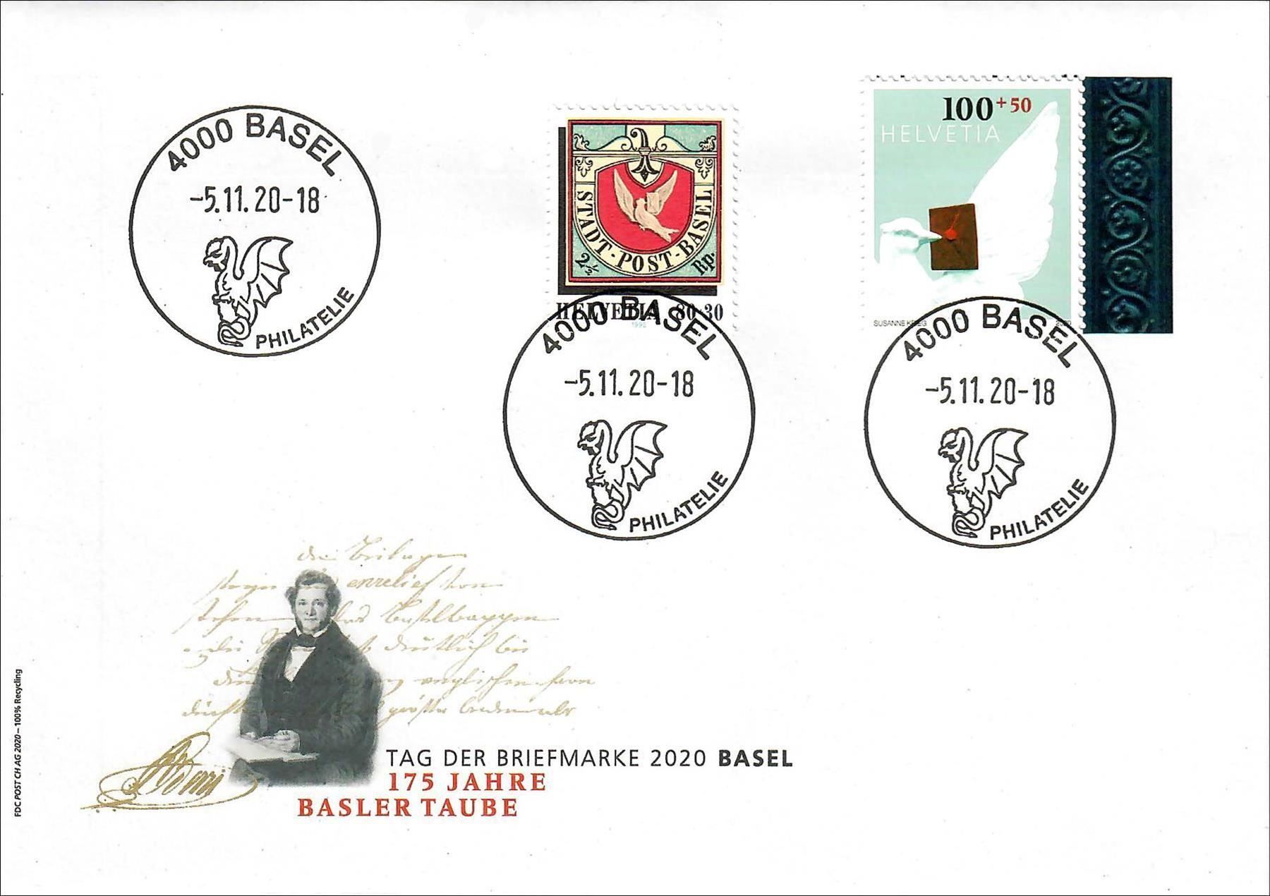 Tutti i francobolli: 175 Jahre Basler Taube - Combo FDC – Usato da Heerbrugg venduto da Swissphila