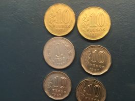 6 Münzen aus Argentinien 5x10 Pesos 1x 1 Peso