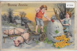Bonne Annee - Frohes Neujahr - Schweine mit Kinder - Litho