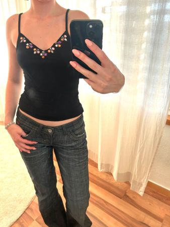 cute vintage y2k top black with rhinestones
