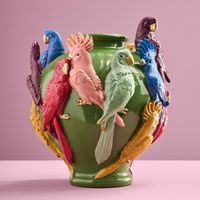 Design Vase mit Papageien, Handbemalt,  23 x 23 x 26 cm