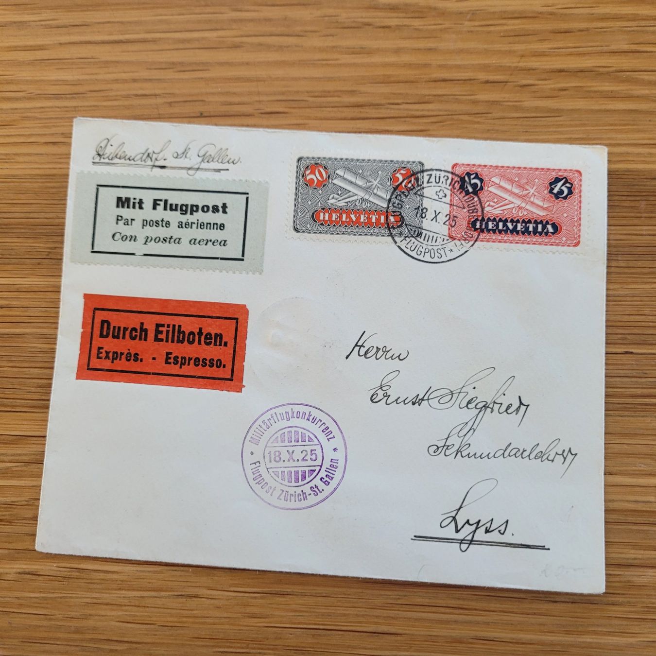 Tutti i francobolli: Luftpost Express Lyss Zürich 1925 Militar – Usato da Biel/Bienne venduto da Destockweb