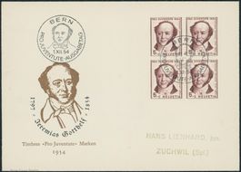 1954 - Pro Juventute - Gotthelf - Viererblock FDC U4 ET