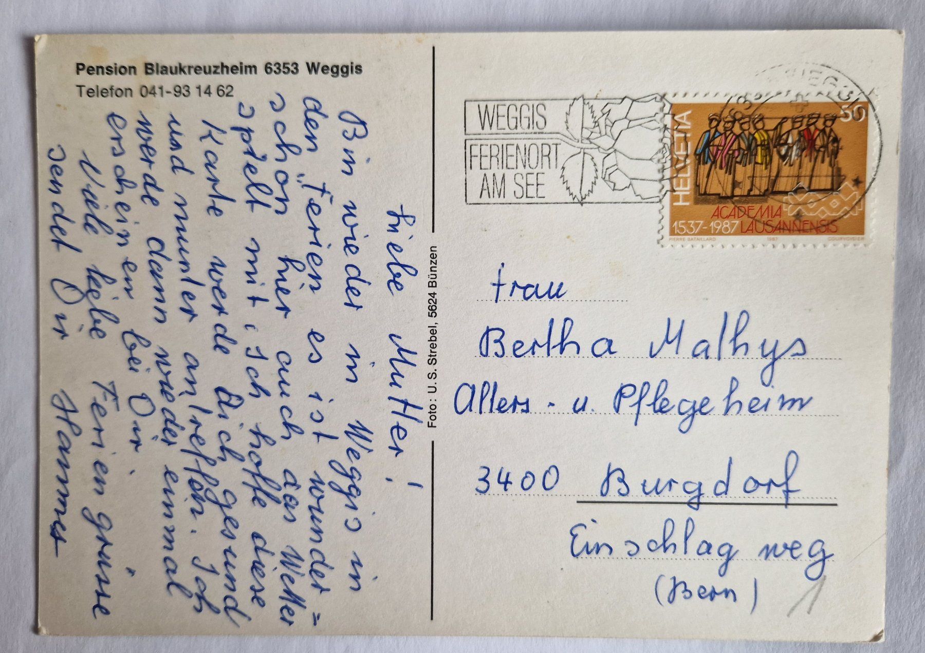 Cartoline postali: Weggis Pension Blaukreuzheim 1987 – Usato da Melchnau venduto da Arthurius 1