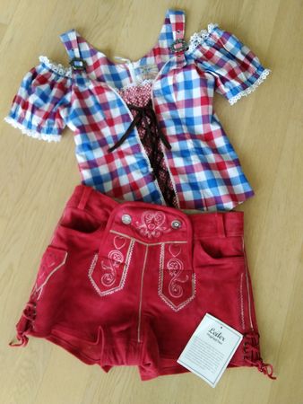 ESMARA Damen Folklore Leder Hose Rot Grösse 38