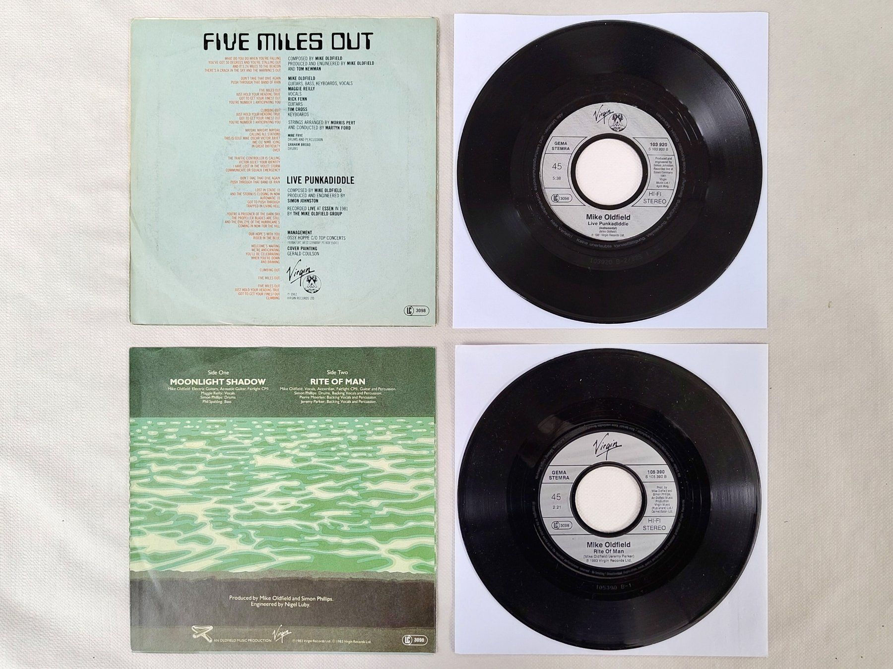 Dischi in vinile: 2x 7" Single Mike Oldfield: Five Miles Out, Moonlight Shadow – Usato da Hindelbank venduto da iCardologe 1