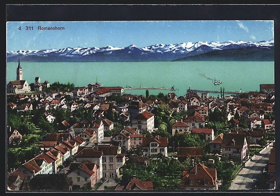 Cartoline postali: Romanshorn, Ortsansicht mit See und Berg – Usato da Berlin venduto da bartko-reher