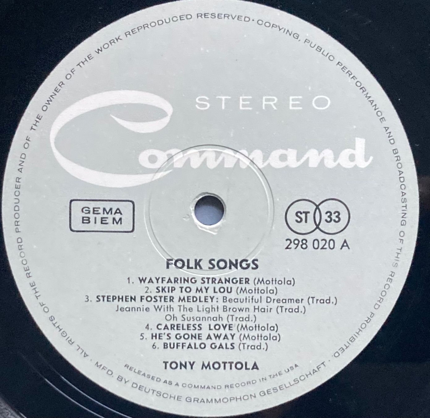 Dischi in vinile: TONY MOTTOLA - FOLK SONGS – Usato da Poliez-Pittet venduto da Newtown-Records 2