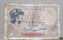 Alte französische Banknote 5 Francs, Jahrgang 1933
