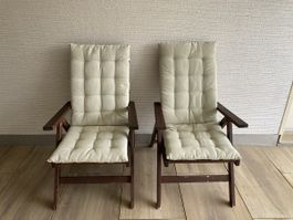 2 Folding IKEA Wooden Garden Chairs with Beige Cushions