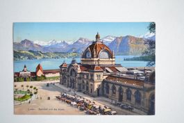 AK Luzern Bahnhof und die Alpen LU