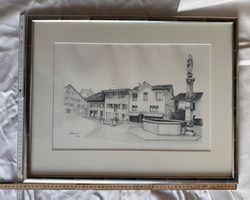 Gerahmte Stadtansicht Lachen SZ – signiert 1997 – Zeichnung