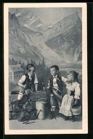 Cartoline postali: Drei Kinder in Schweizer Tracht vor eine – Usato da Berlin venduto da bartko-reher