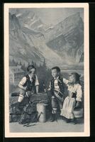 Drei Kinder in Schweizer Tracht vor eine