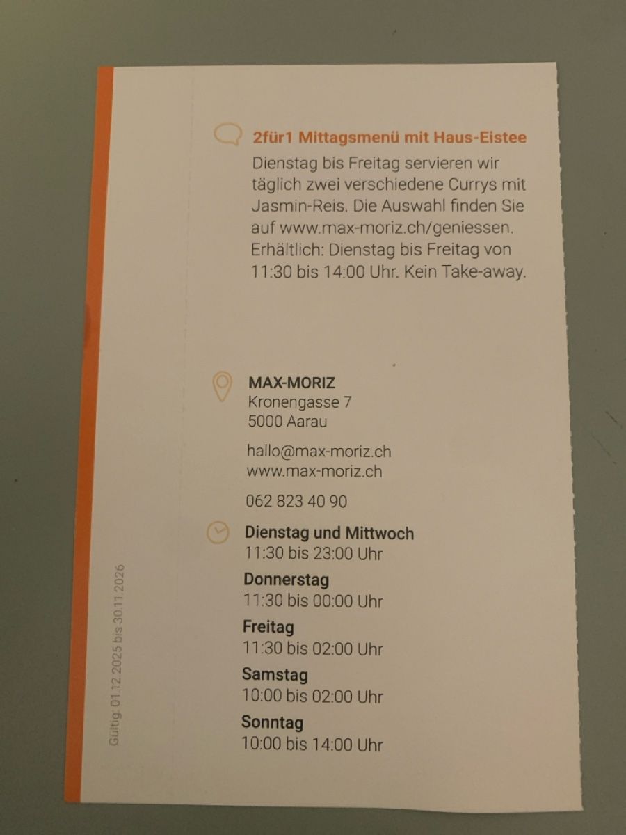 Gutscheine: 2für1 Mittagsmenü, Max-Moriz Aarau – Neu und originalverpackt aus Attelwil von TaraLee 1