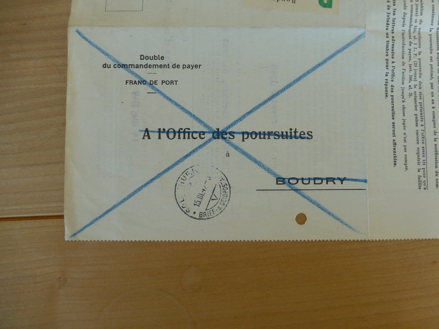 Documenti: Boudry, Commandement de payer, 1949 – Usato da Bettlach venduto da 1saurer 2