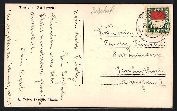 Cartoline postali: AK Thusis, Teilansicht mit Piz Beverin – Usato da Berlin venduto da bartko-reher 1