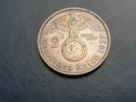 🇩🇪 Third Reich: 2 Reichsmark 1937 F Hindenburg. Silver