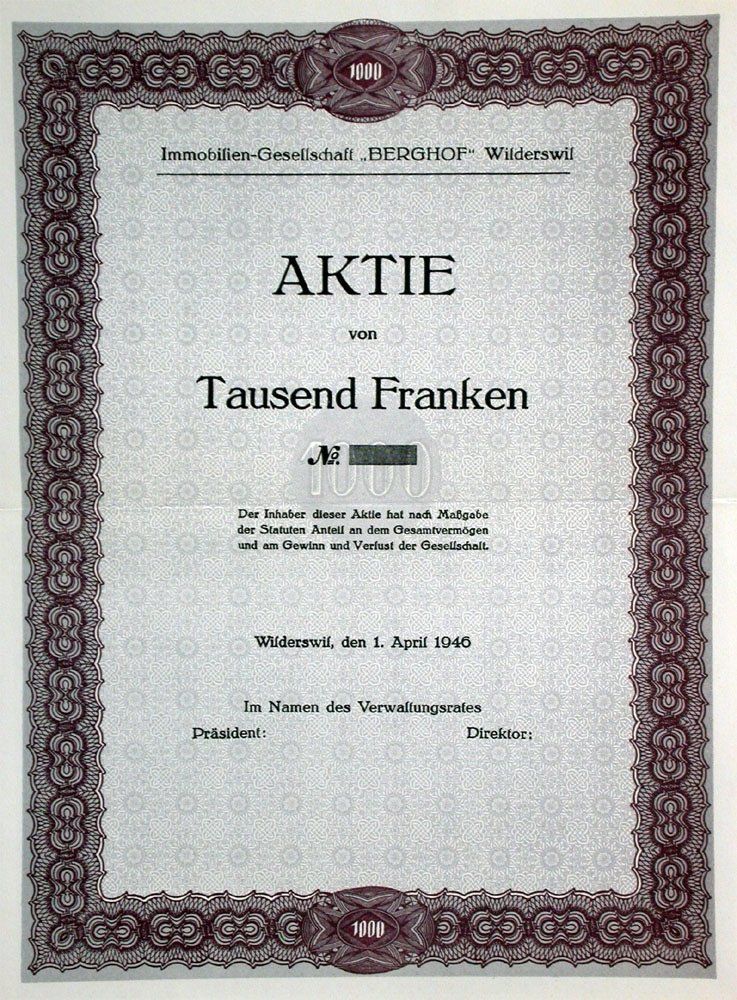 Documenti: Immobilien-Gesellschaft Berghof - 1946 – Usato da Solothurn venduto da Sgasche