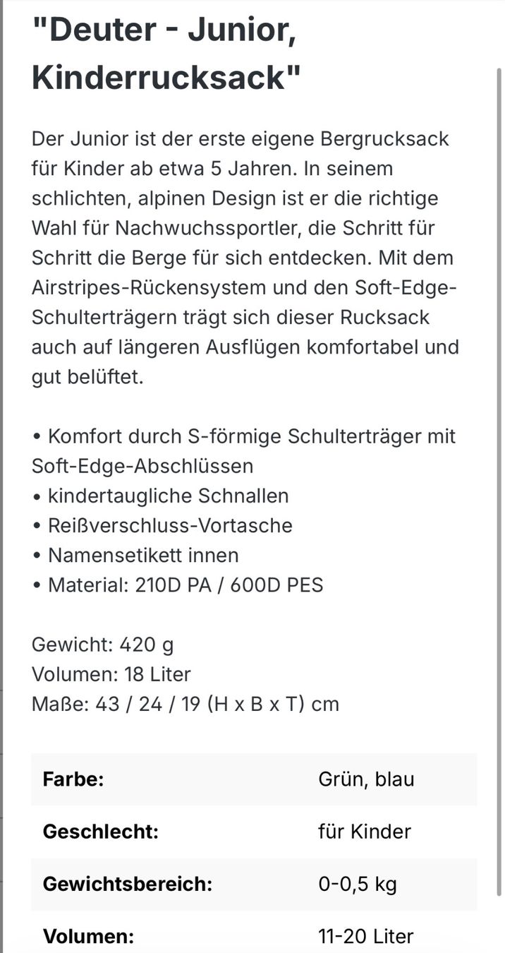 Deuter Zaini: Deuter Junior 18Liter Rucksack – Usato da Schwarzenbach SG venduto da roto06 3
