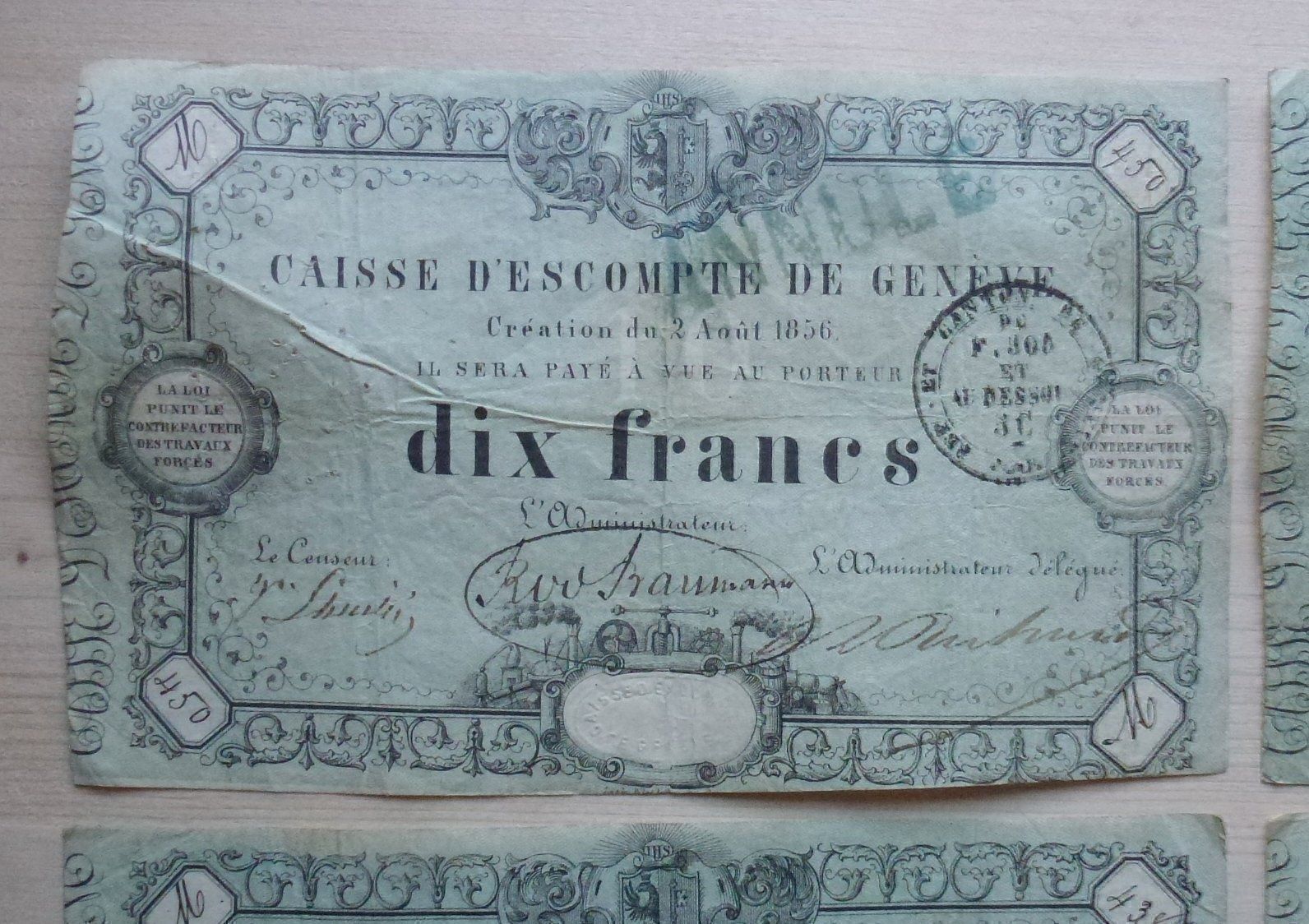 Banconote: Geneve ++ Lot 4x 10 Franken 1856 – Usato da Walkringen venduto da Casablanca777 1