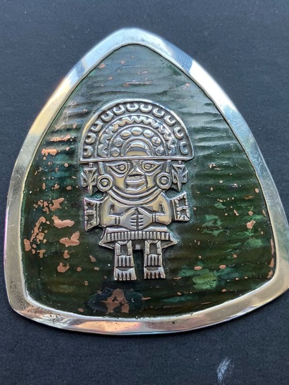 Broche Pendentif Vintage Inca - Argent 925 Et Malachite - Dieu Soleil Motif Ancien