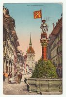 Postkarte 1916 Bern, Schuetzenbrunnen mit Uhr Turm