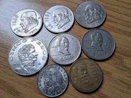 Mexiko - 50 Ct., 1, 5, 100, 500 Pesos 1970/88 - Lot 8 Stück!