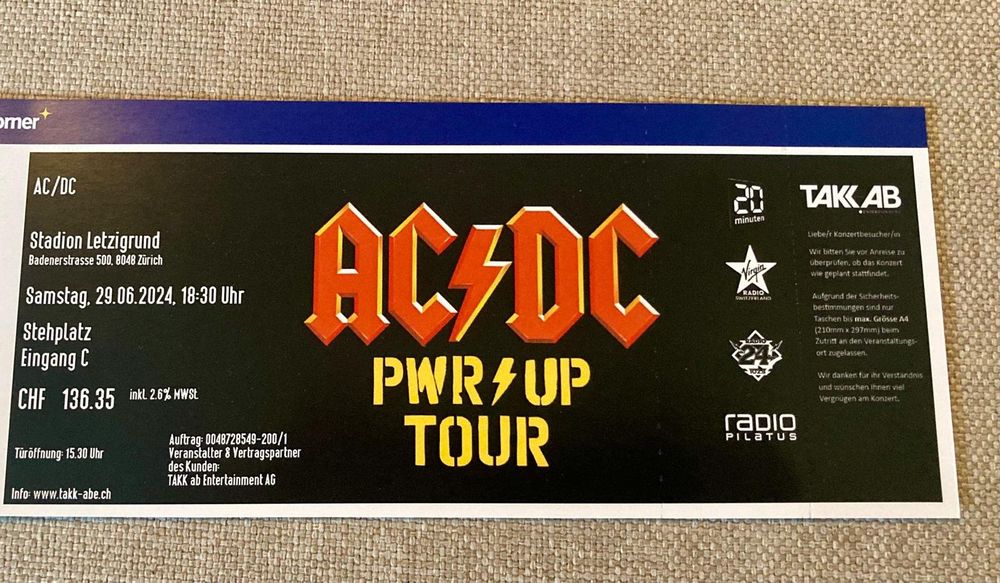 AC/DC-Tickets Stehplatz - Letzigrund Zürich 29.06.2024 (Neu (gemäss ...