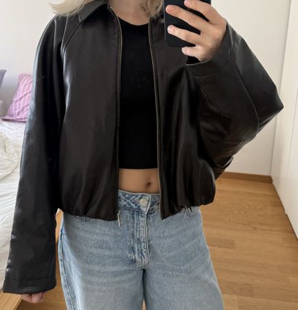 Zara Leather Jacket Bomber Jacket Brown