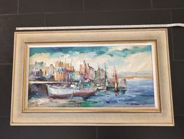 Ölgemälde Hafenlandschaft signiert Prisara 1962 mit Holzrahm