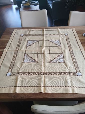 Vintage Hand Embroidered Tablecloth - Beige & Brown 80x86 cm