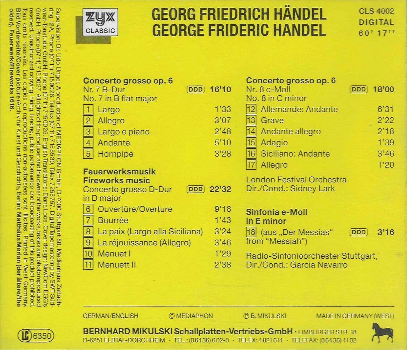 CD: Händel  - Feuerwerksmusik, CD – Usato da Hombrechtikon venduto da Luetzelsee 1