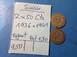 SUISSE : 2 X 50 CENTIMES 1936 + 1941 argent
