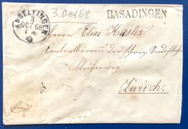 1868 Brief Andelfinden nach Zürich via Basadingen